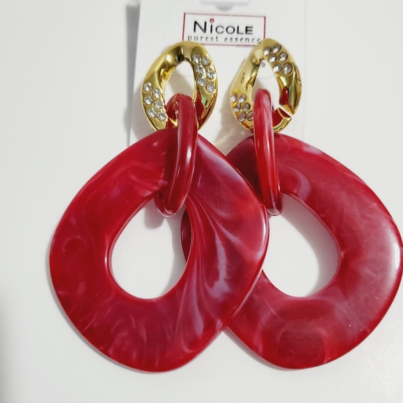 Acrylic and alloy studded crystal earrings, Durable earrings, dark red metal and - Picture 4 of 5
